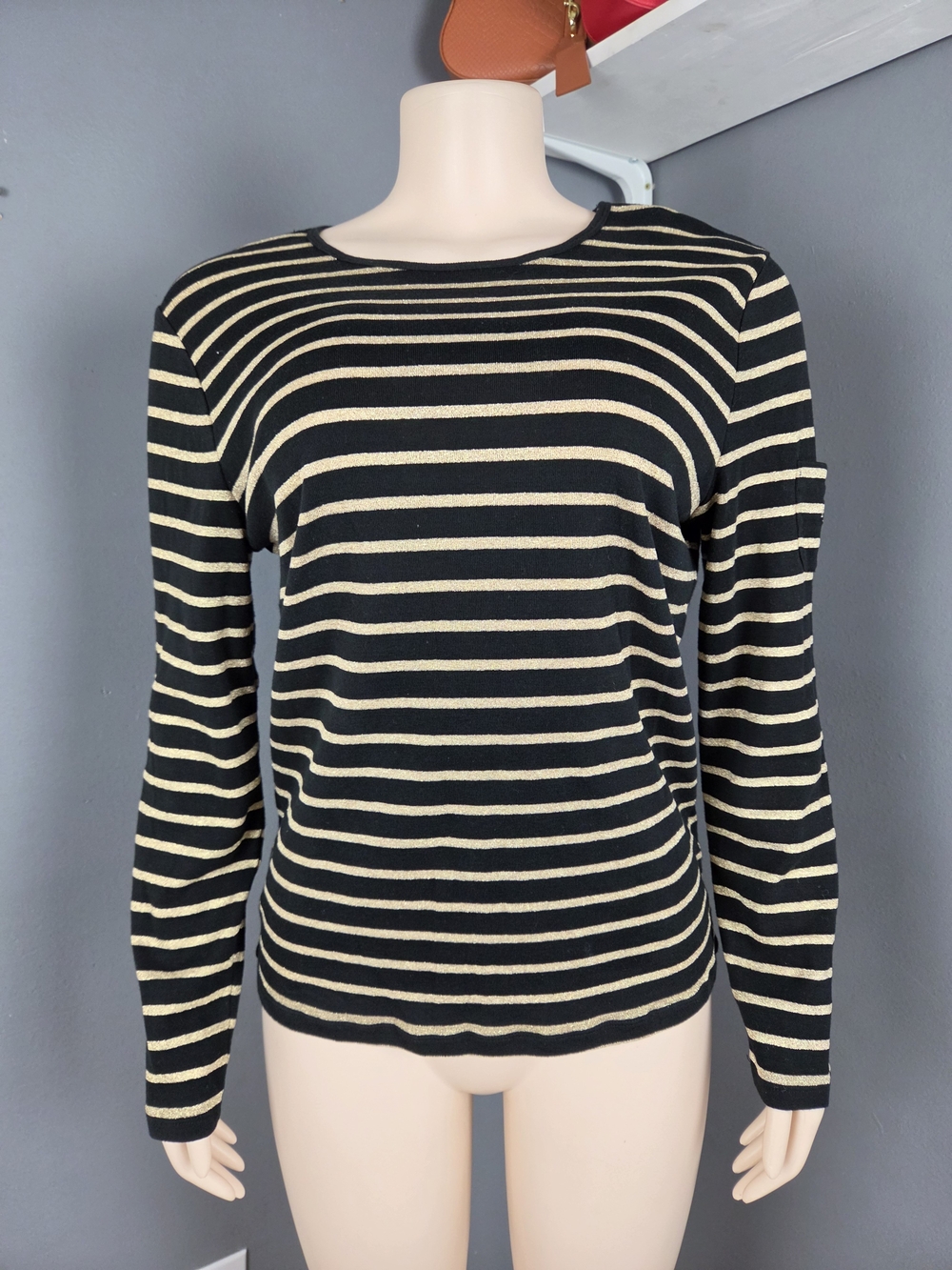Ralph Lauren Black and Cream Striped Long-Sleeve Tee
